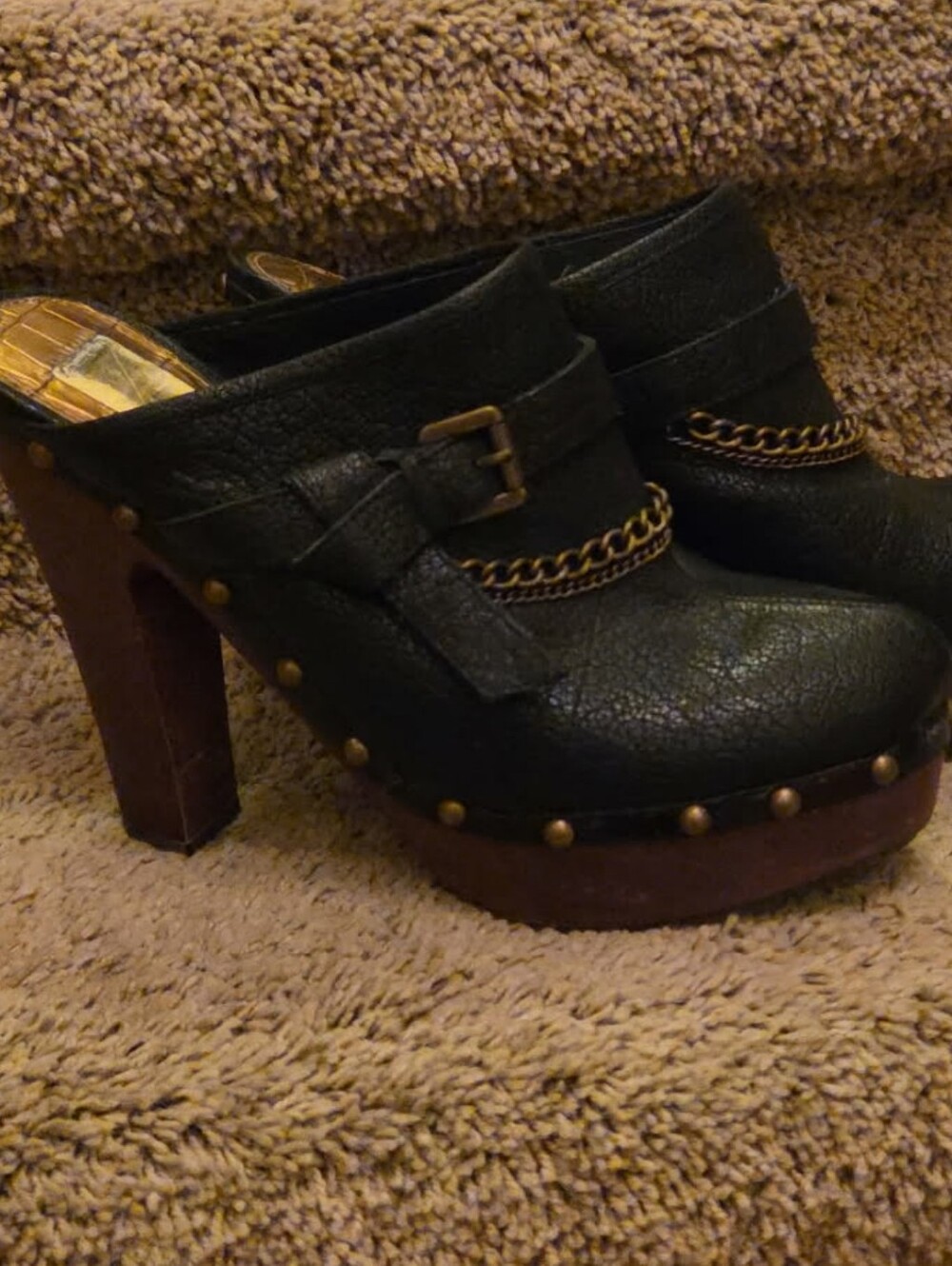 Sam Edelman Black Leather Platform Clog Heels with Gold Chain